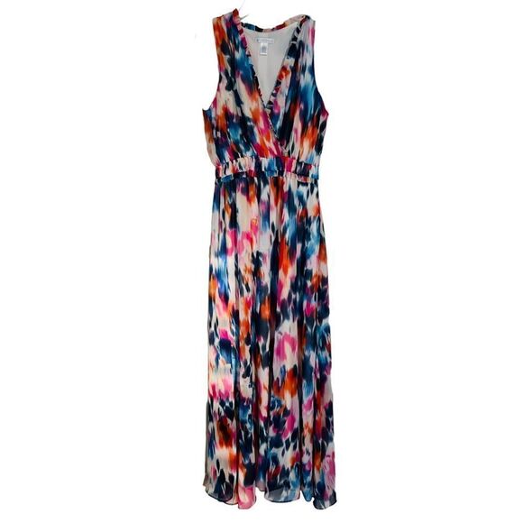 London Times Tie Dye Rainbow Watercolor Gender Reveal Maxi Sleeveless Dress sz 8 - Picture 3 of 10